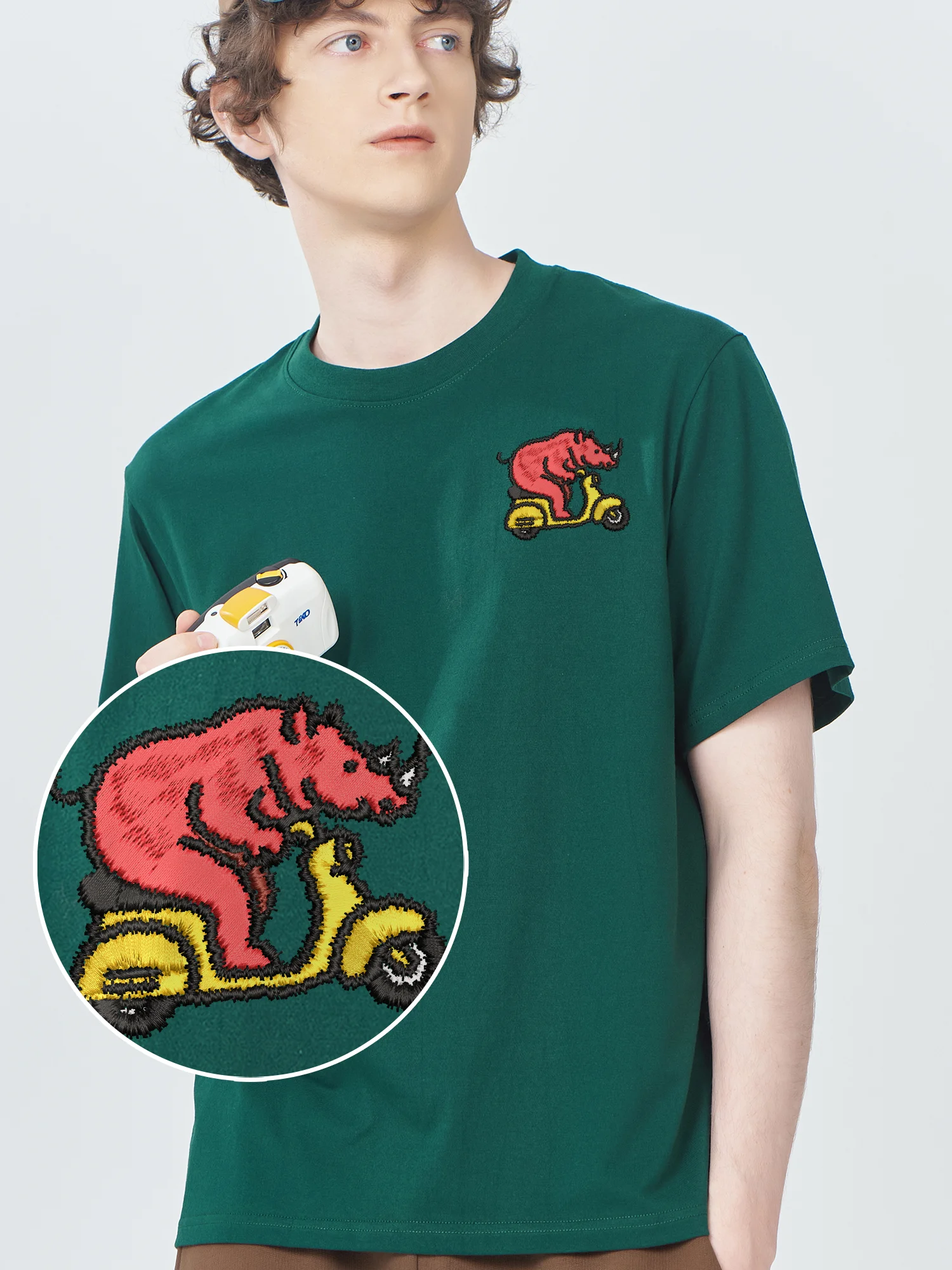 

Riding Electric Vehicle Rhinoceros Embroidered T Shirts Funny Shirts Men Fashionable And Trendy Casual Embroidery Tops