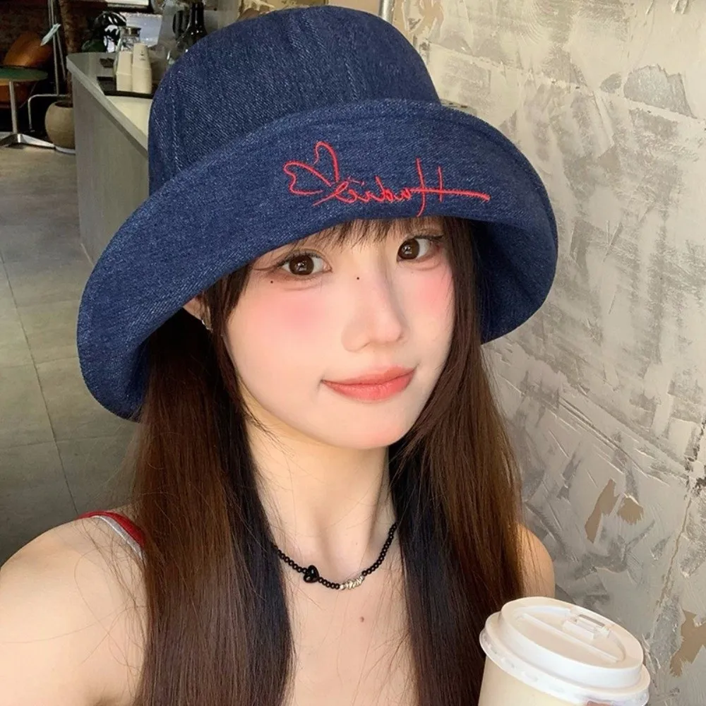 

Vintage Korean Denim Bucket Cap Y2k Versatile Denim Fishing Cap Sweet Bow Tie Sun Protection Hat Female