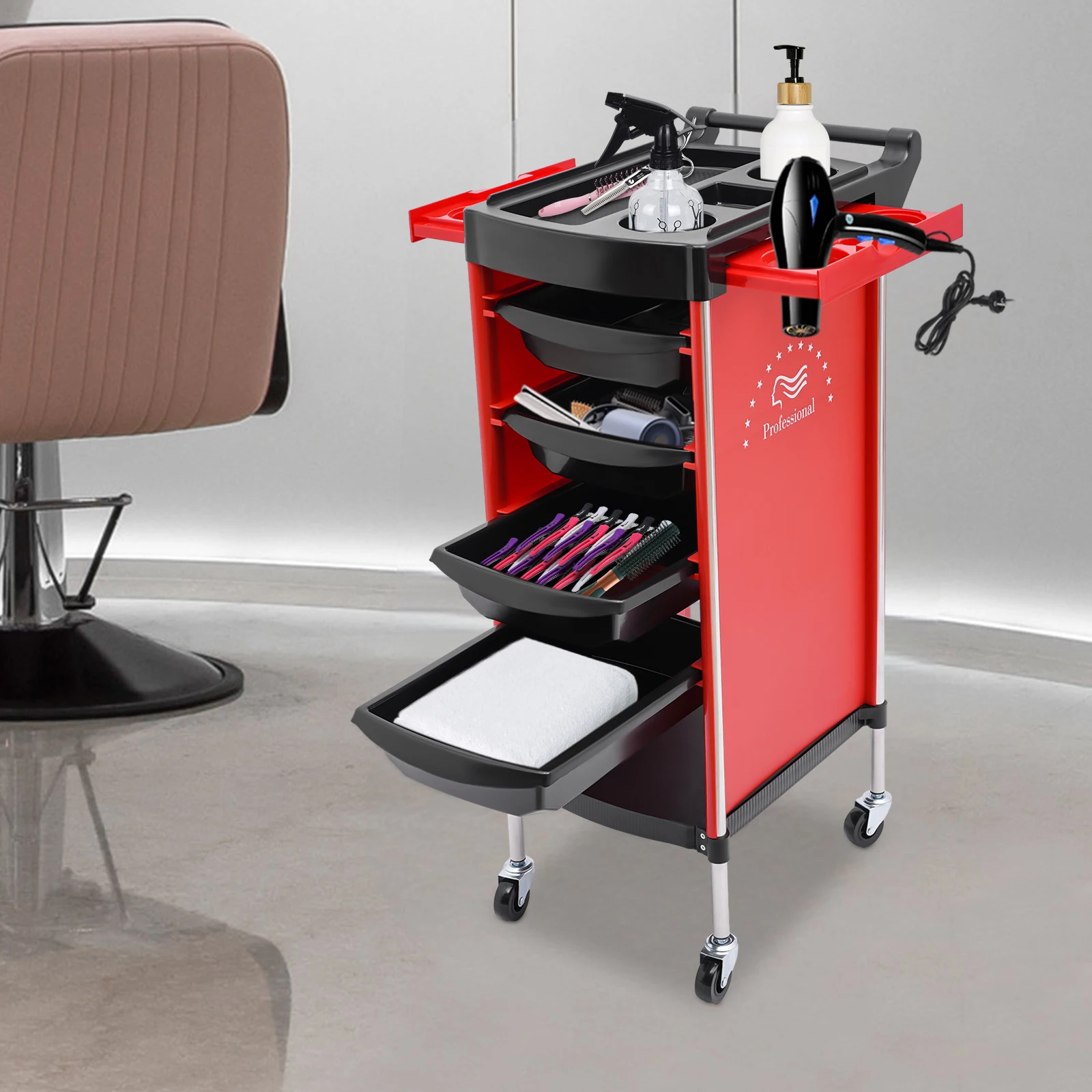 6-Story Beauty Salon Handcart With Wheels, Multifunctional Cart With Drawers, Practical Cart For Salon Stations (Red)