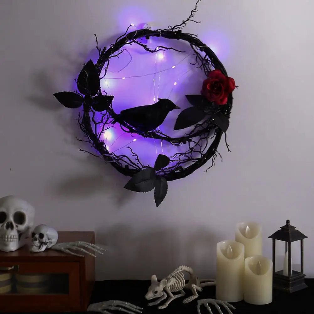 Eerie Ambience Decor Glowing Dead Branches Halloween Wreath with Black Crow Garland Rose Decor Battery Operated Black for Home