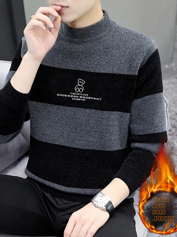 

Утепленный вязаный свитер для мужчин: зимняя термофутболка с высоким воротником, длинным рукавом, повседневный молодежный теплый топ