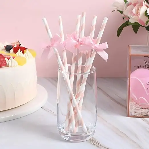 100pcs Pink&White Striped Paper Straws Biodegradable Disposable Drinking Straws for Christmas Brithday  Party Decoration Supply