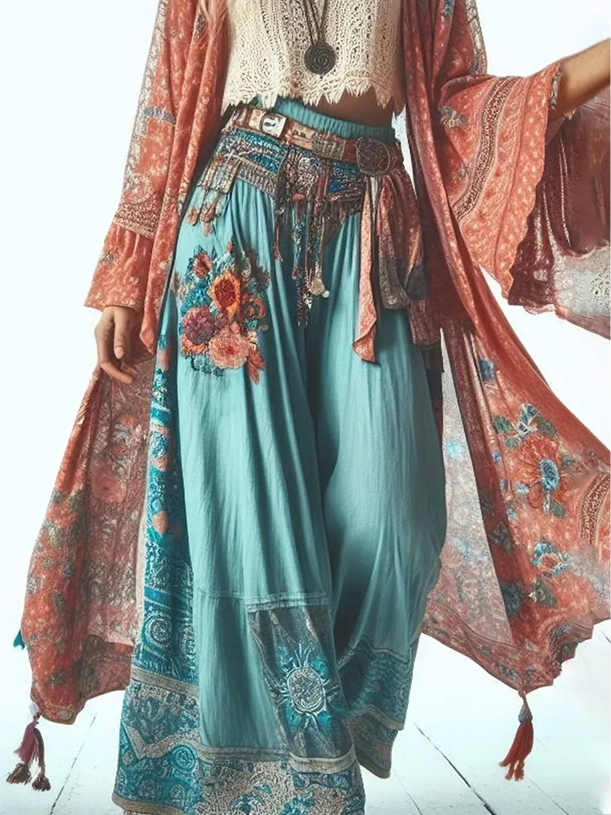 High Waist Printed Strap Skirt Pants Ethnic Style Loose Fit Straight Leg Casual Trousers for Women Polyester Fiber