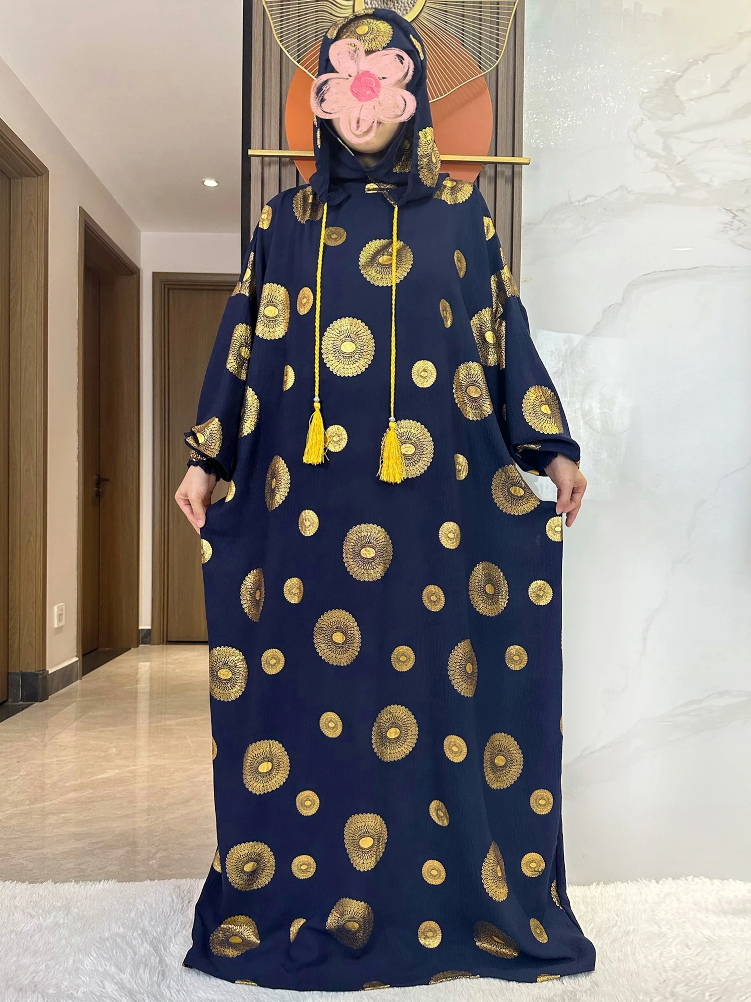 New Cotton Ramadan Muslim Two Hat Abaya Dubai Turkey Islam Prayer Clothes Gold Dust Shinning Embroidery Islam Women Dress Kaftan