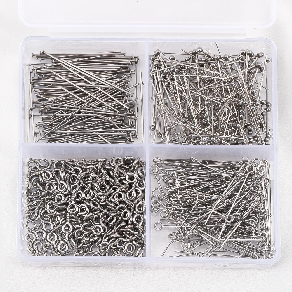 450pcs/Box Stainless Steel Connector Jewelry Making Component Accessories Set 9 Pins Flat Head Pin Headpin Screw Eye Pin Earring