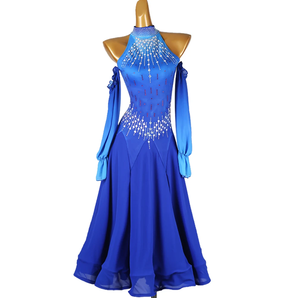

Competition Clothes Woman Ballroom Dress High-end Royal Blue Rhinestone Standard Competition Dresses Long Sleeve Gradient Color