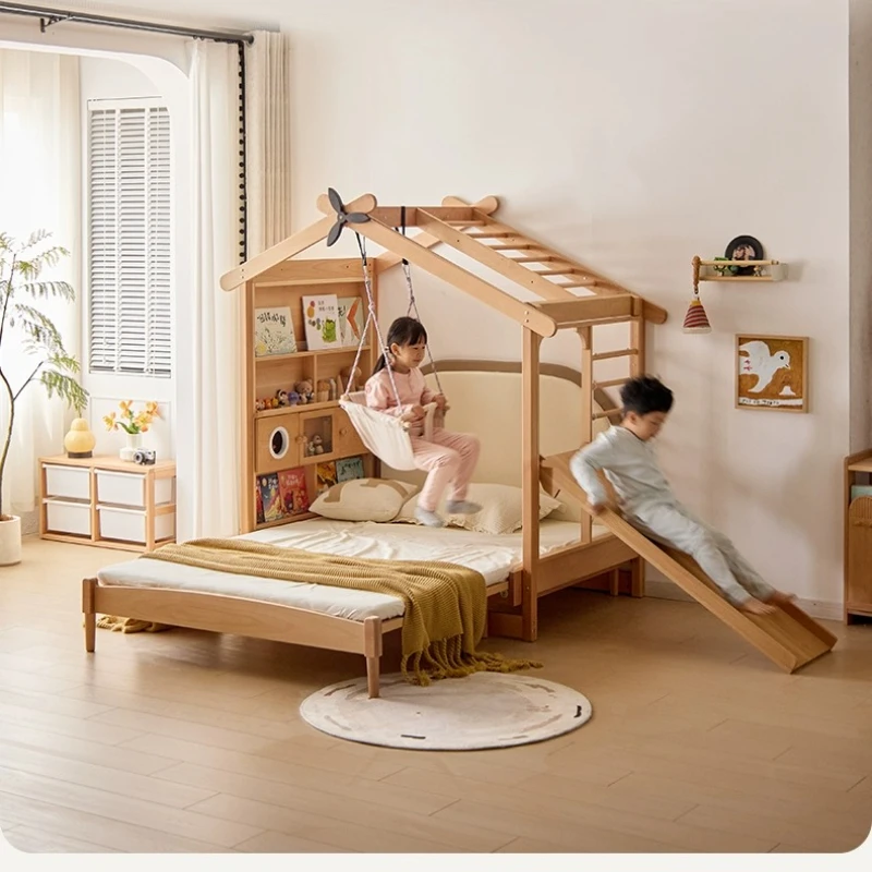 

Children's Montessori platform bed retractable tent popsicleboys and girls solid wood bed pull tatami