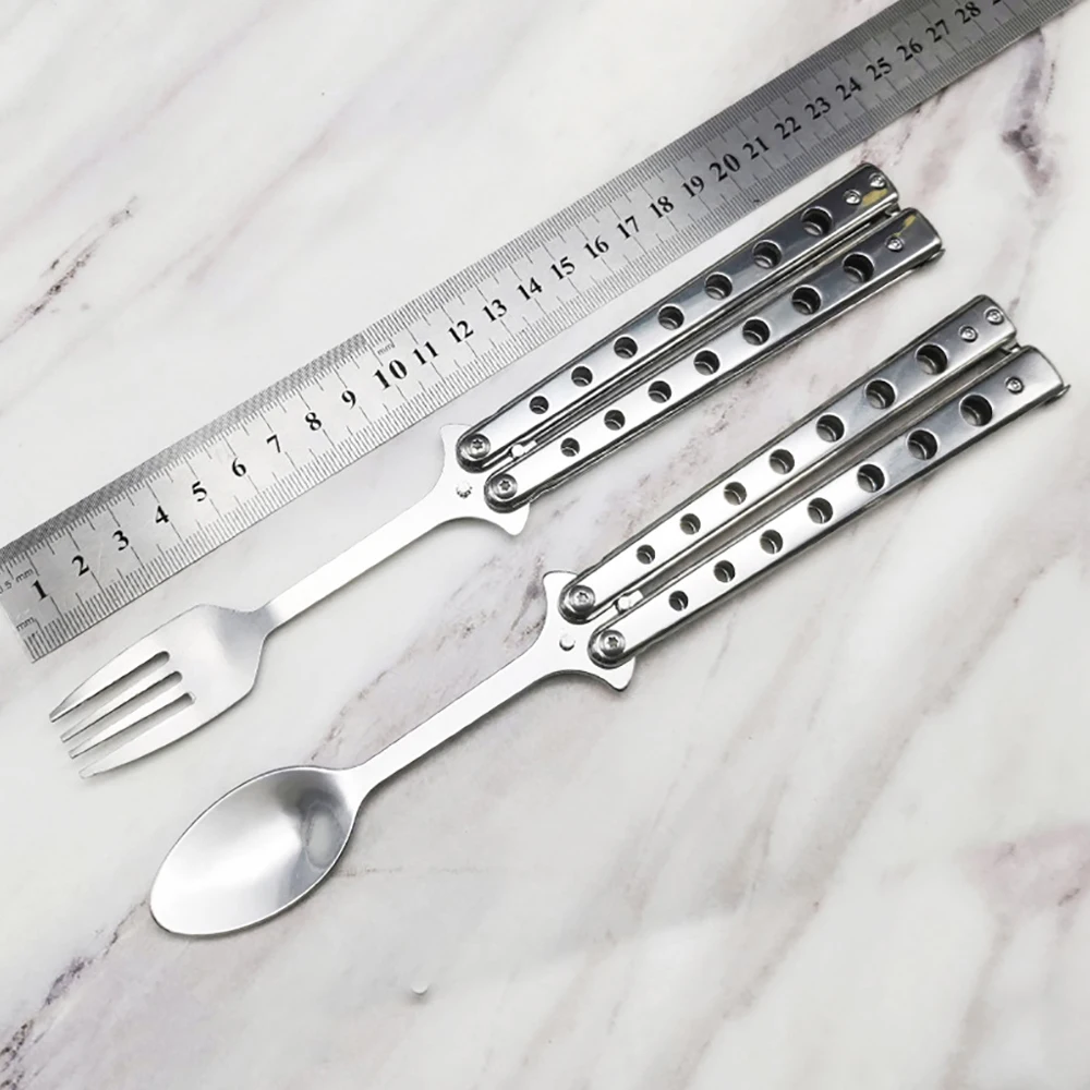 F9 Butterfly Knife Folding Spoon Fork Training Spoon Fork Butterfly Knife Trainer Outdoor Camping Tableware Kitchen Tool