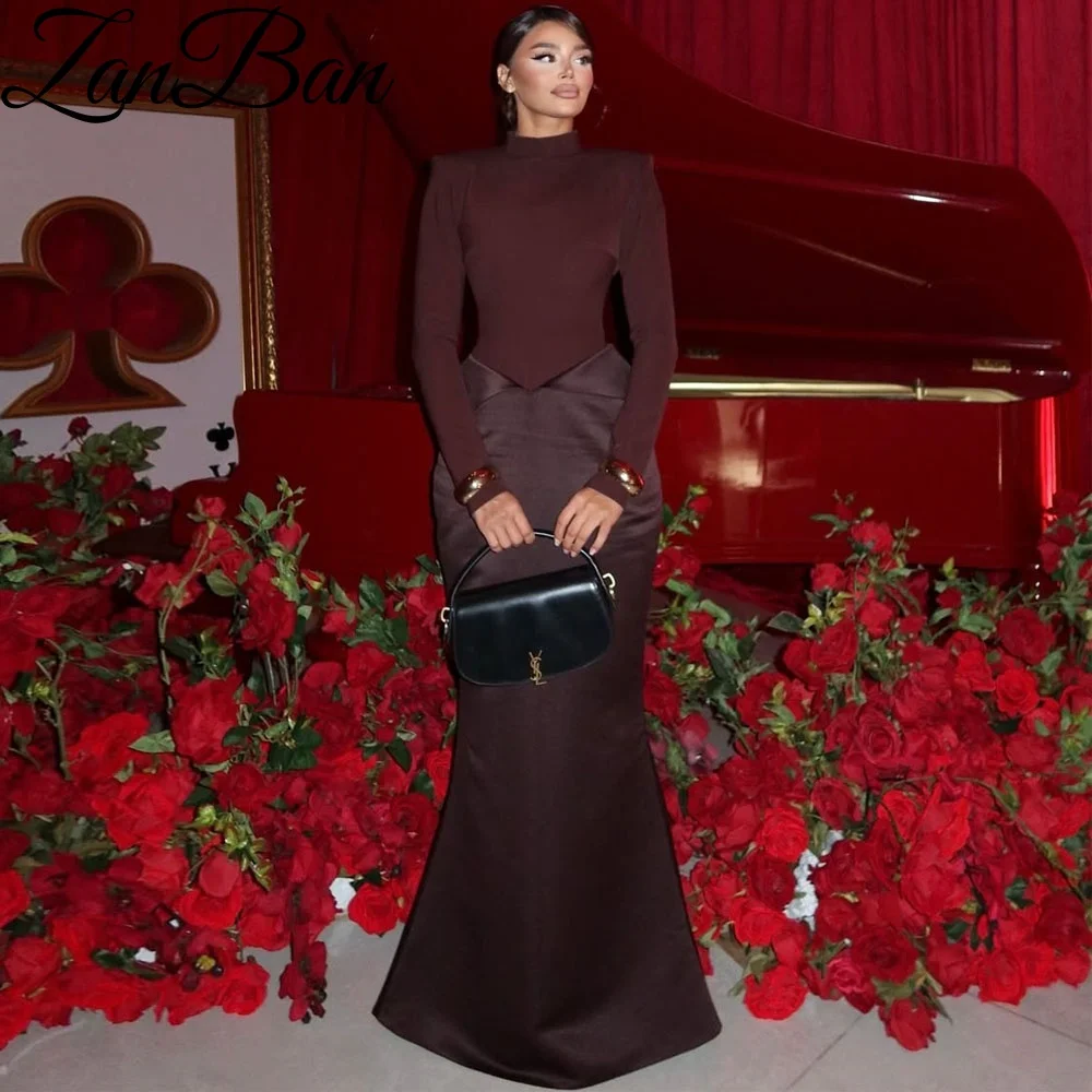 ZanBan 2026 Brown High Neck Mermaid Women Evening Dresses Formal Long Sleeves Backless Prom Gowns Customized Vestidos De Noche