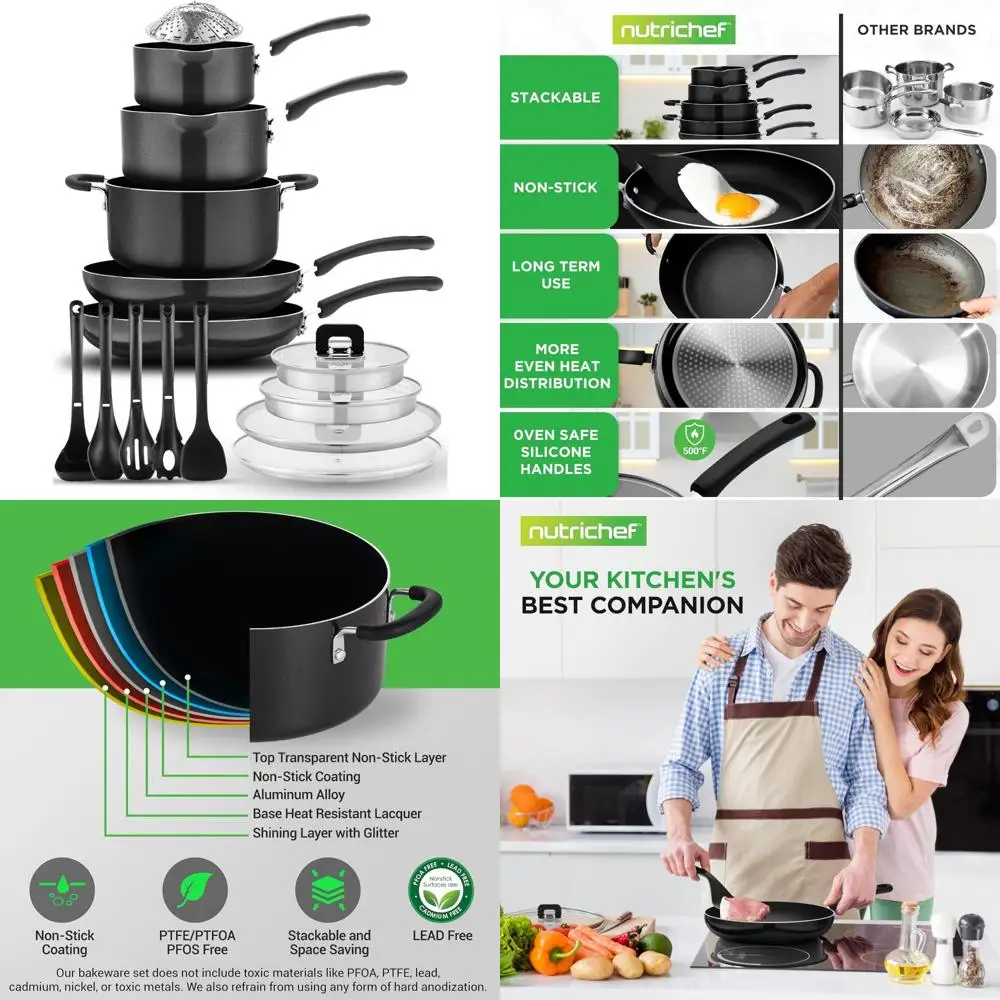 

Space-Saving Induction-Compatible Non-Stick Cookware Set with Foldable Knobs and Heat-Resistant Black Finish, 17-Piece