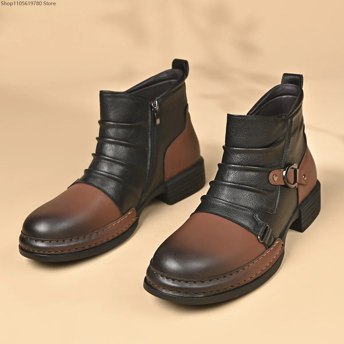 2026 New Retro Short Ankle Boots Side Zipper Color Block Splicing Design Round Toe Comfortable Casual Daily Wear Footwear