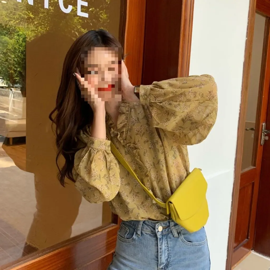 

Женская шифоновая рубашка с цветочным принтом и длинным рукавом в корейском стиле, маленькая рубашка в западном стиле, нежный стиль, топ с пышными рукавами, новый стиль