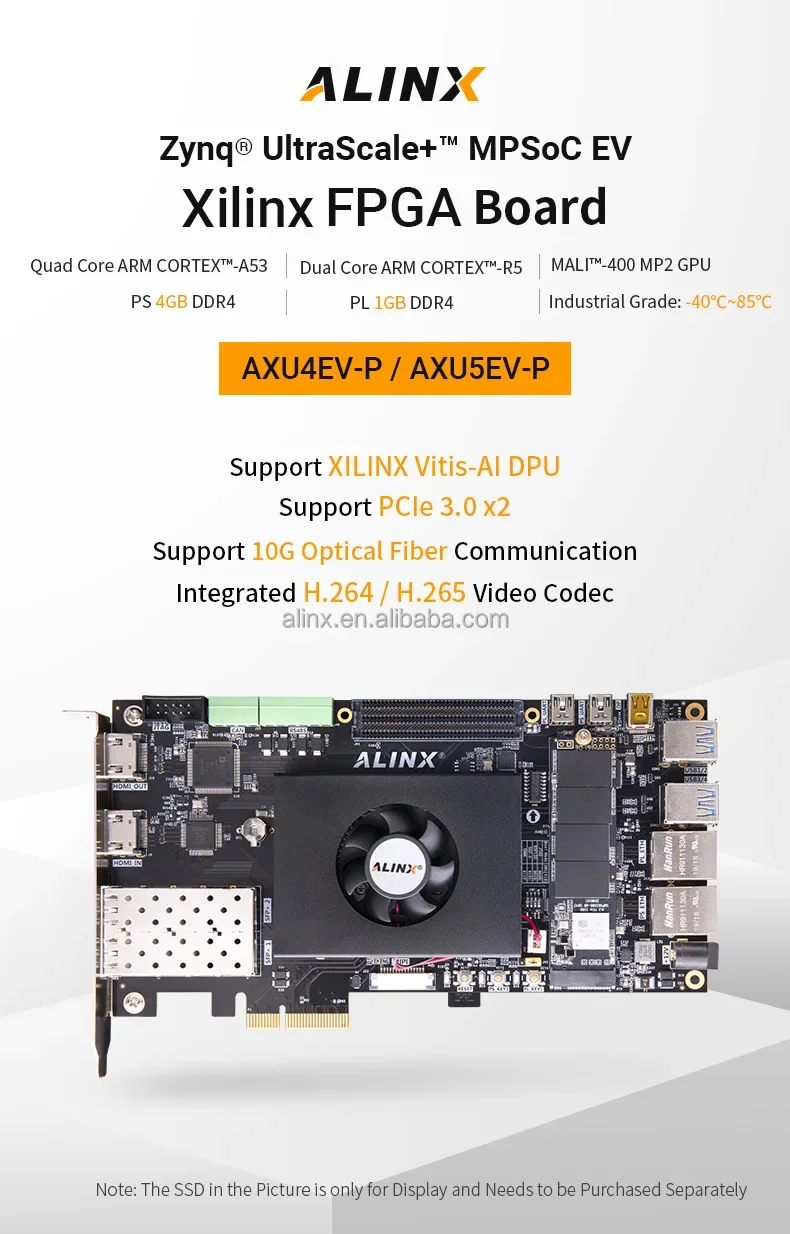 ALINX AXU4EV-P: Xilinx Zynq UltraScale + MPSoC ZU4EG FPGA لوحة تطوير AI PCIe3.0 H.265 Automotive ADAS Vitis-AI