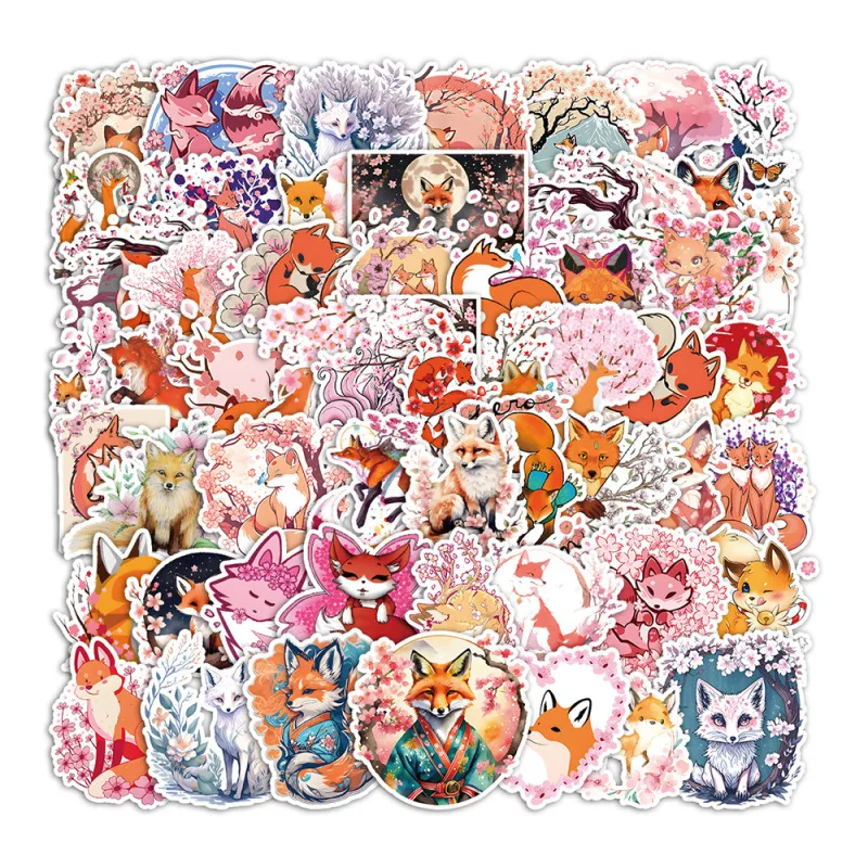 10/25/50Pcs Ukiyo E Sakura Fox Cute Stickers Cartoon Graffiti Waterproof Sticker Luggage Suitcase Notebook Laptop Motorbike