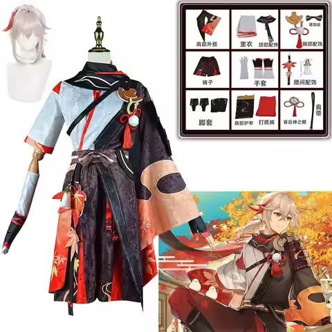 Genshin Impact Kaedehara Kazuha Cosplay Costume Halloween Carnival Samurai Wig Red Glasses Men'S Style Aa1