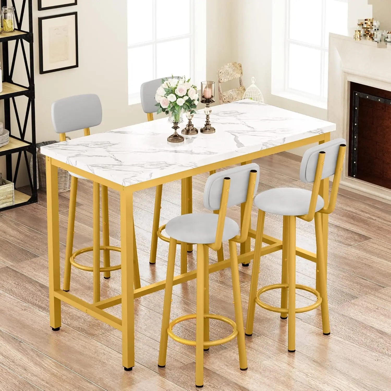 Bar Table Set for 4 with Faux Marble Counter Height & 4 PU Upholstered Stools, Gold and White, Space-Saving Kitchen Pub Table
