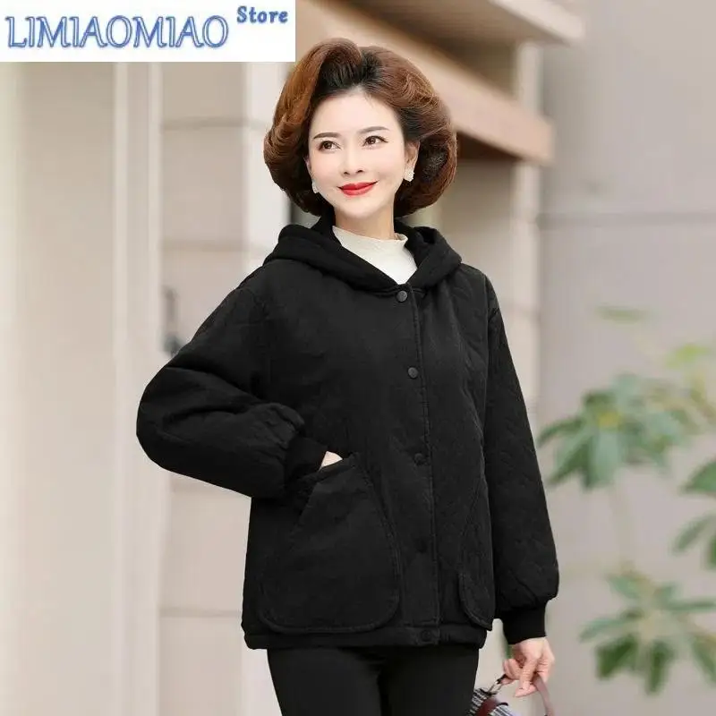 Add Velvet Autumn Winter Keep Warm Outerwear Ladies Jacket Women's Cotton Coat New Loose Casual Hooded Middle Aged Mom Top