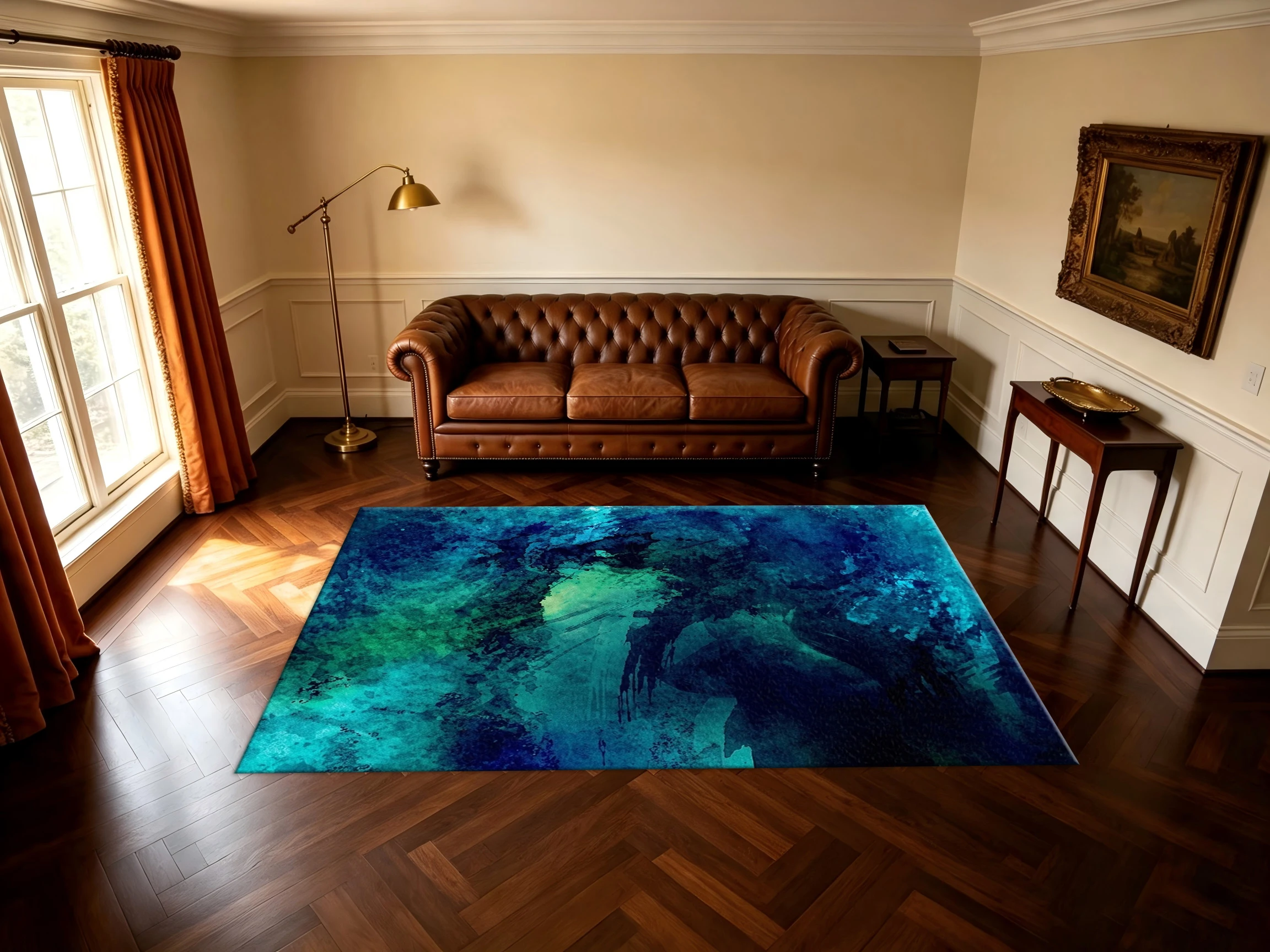 Teal Blue Green Ink Wash Abstract Art Rug Modern Splash Texture Non‑Slip Floor Mat Home Bedroom Living Room Carpet