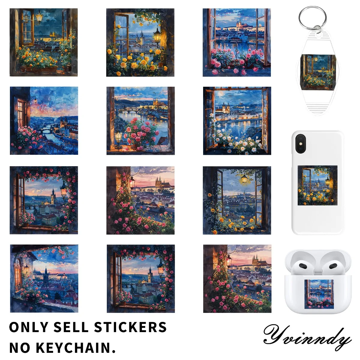 

Набор из 24 шт. брелоков DIY с ночным видом Праги из цветочного окна, УФ DTF, для ключей и персональных аксессуаров