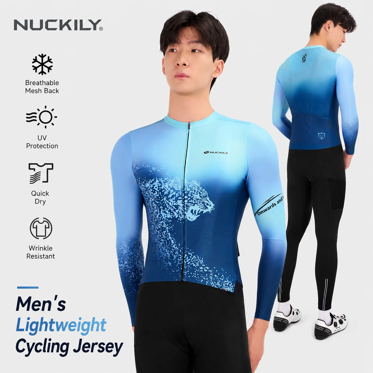 NUCKILY Men Long Sleeve Cycling Jersey Cooling Quick Dry Breathable Road MTB Bike Shirt YKK Zip Rear Pockets Anti Slip Hem