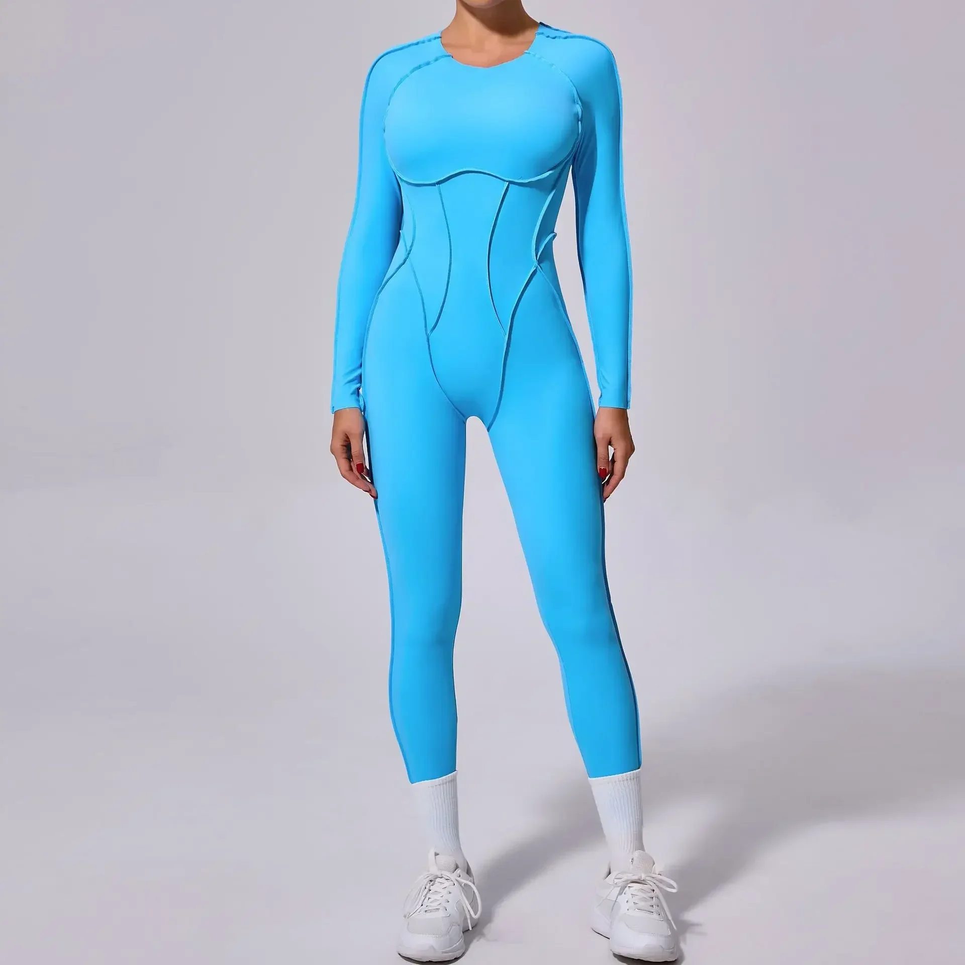 Jumpsuit Yoga tanpa kelim, jumpsuit olahraga Fitness pinggul-mengangkat satu potong Backless lengan panjang legging Gym baju olahraga untuk wanita