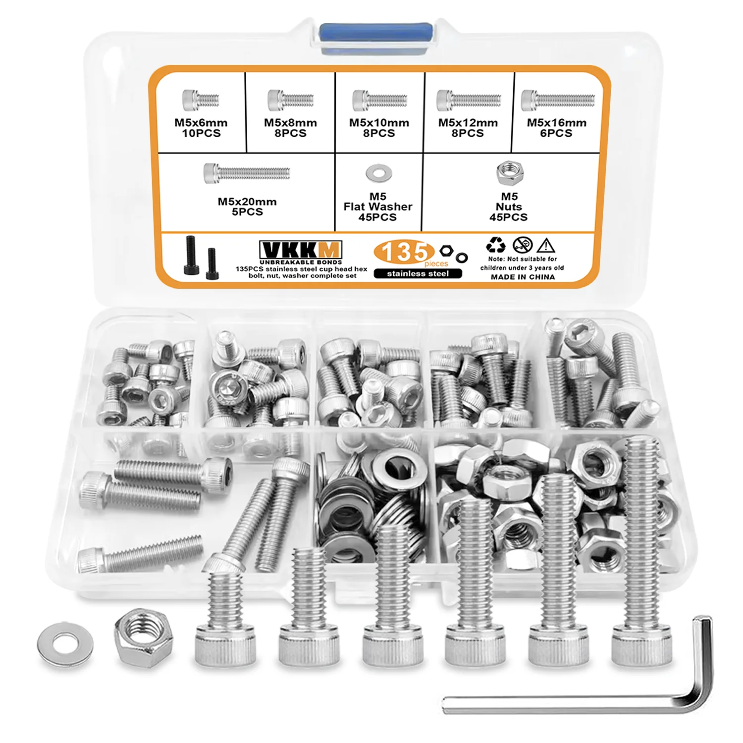 135 Pcs Stainless Steel Cylindrical Head Hex Bolts, standard SAE thread,M5 Metric Hex Head Screws, Nuts and Washers Combo Set