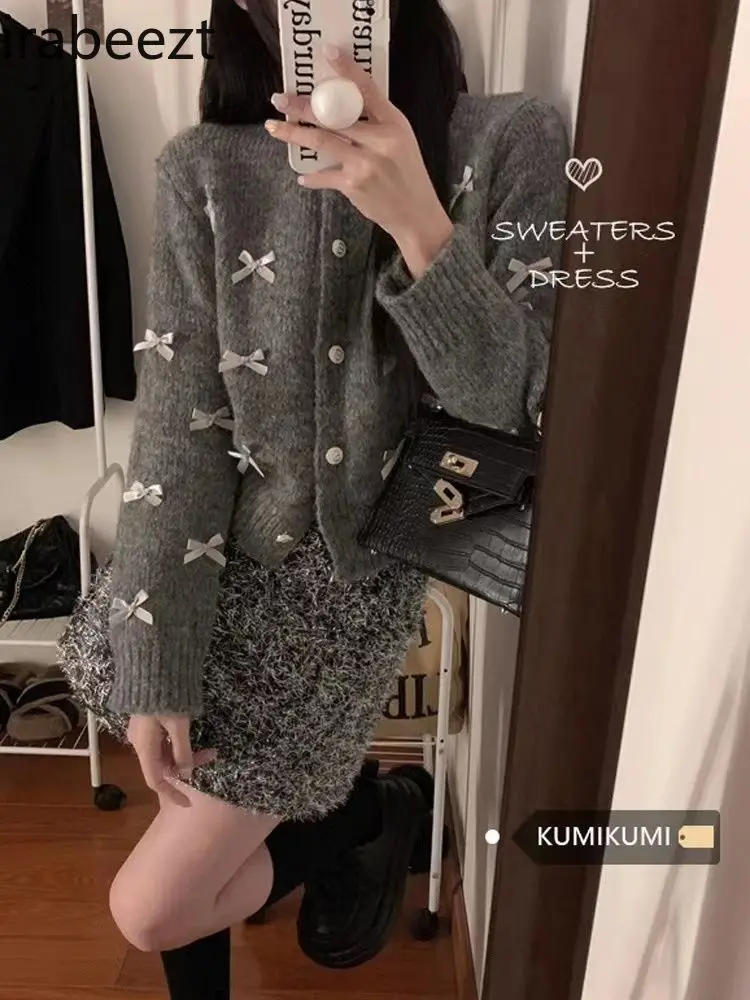 Fashion Grey 2024 Design Coat New Lazy Autumn/Winter Knitted Bow Sweater Cropped Top Regulai Fit Cardigan Women