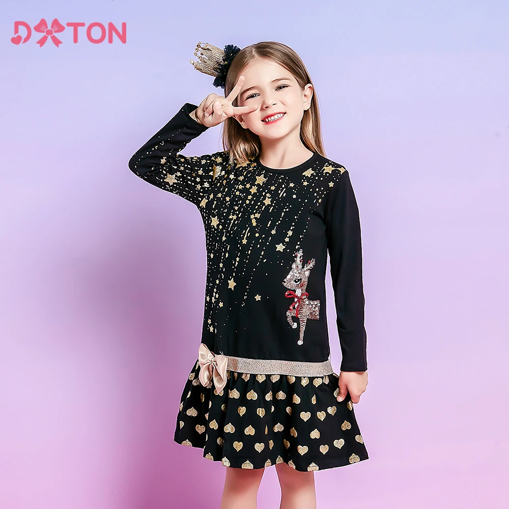 

DXTON New Year Children Dress Sequined Elk Kids Dresses For Girls Star Print Long Sleeve Winter Toddler Cotton Dress Xmas Clothe