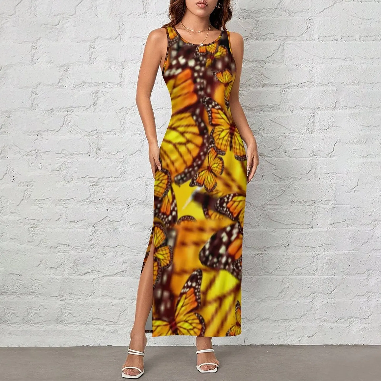 Yellow Butterfly Dress Sleeveless Abstract Animal Print Street Fashion Maxi Dresses Cute Bodycon Dress Women Big Size Clothing