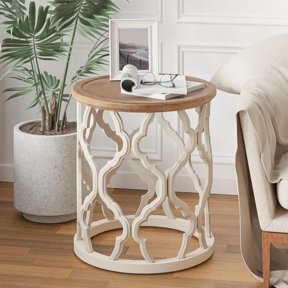 

Farmhouse End Table, Distressed Tray Top Side Table with Curved Motif Frame Base for Boho, Rustic, French Country