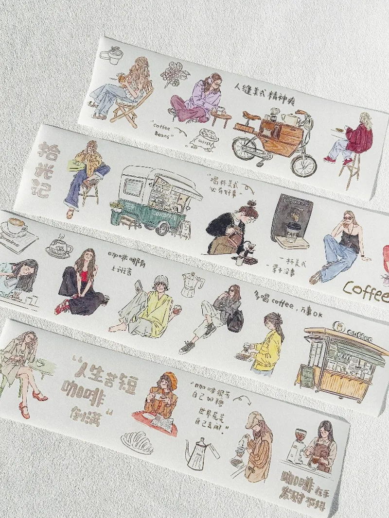 

Винтажная декоративная лента Washi с вырезанными элементами из ПЭТ для скрапбукинга, творчества, декорирования открыток и планирования, с изображением девушки, которая любит кофе, для повседневной жизни