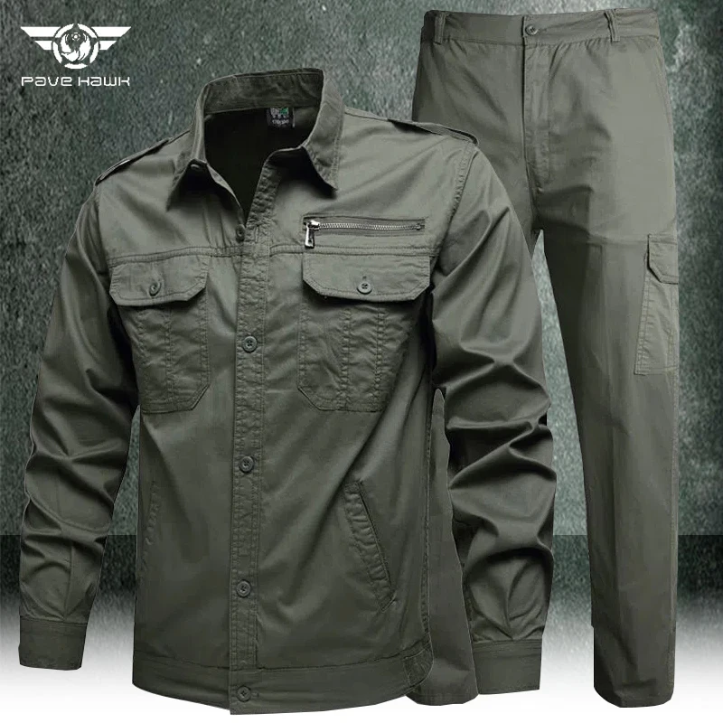 Conjunto de camisas militares de algodão e calças cargo masculino, roupa de trabalho verde exército, roupas soltas casuais, camisas de combate de