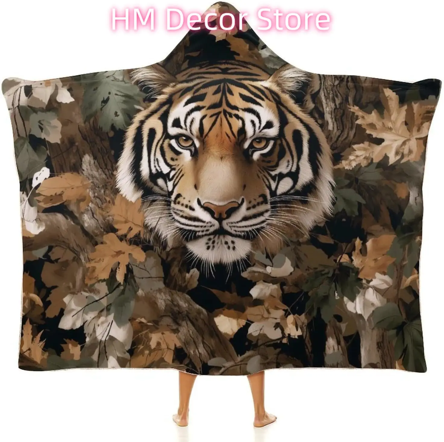 Camo Tiger Wearable Blanket Camouflage Hunting Tiger Hooded Blanket Soft Warm Cozy Fuzzy Plush Gifts for Room Decor