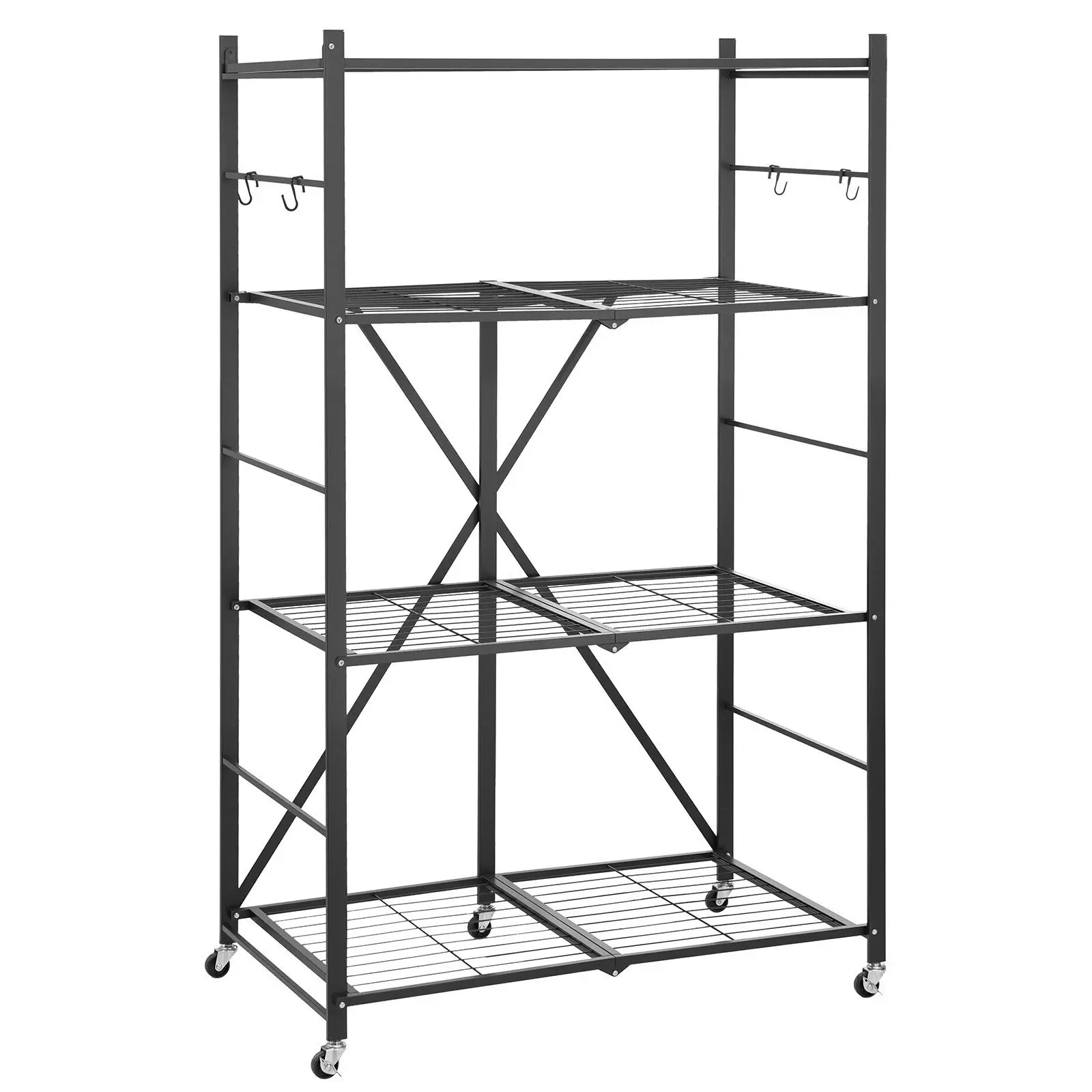 

Folding Storage Shelf with Wheels 4-Tier No Assembly Organizer Shelf Black