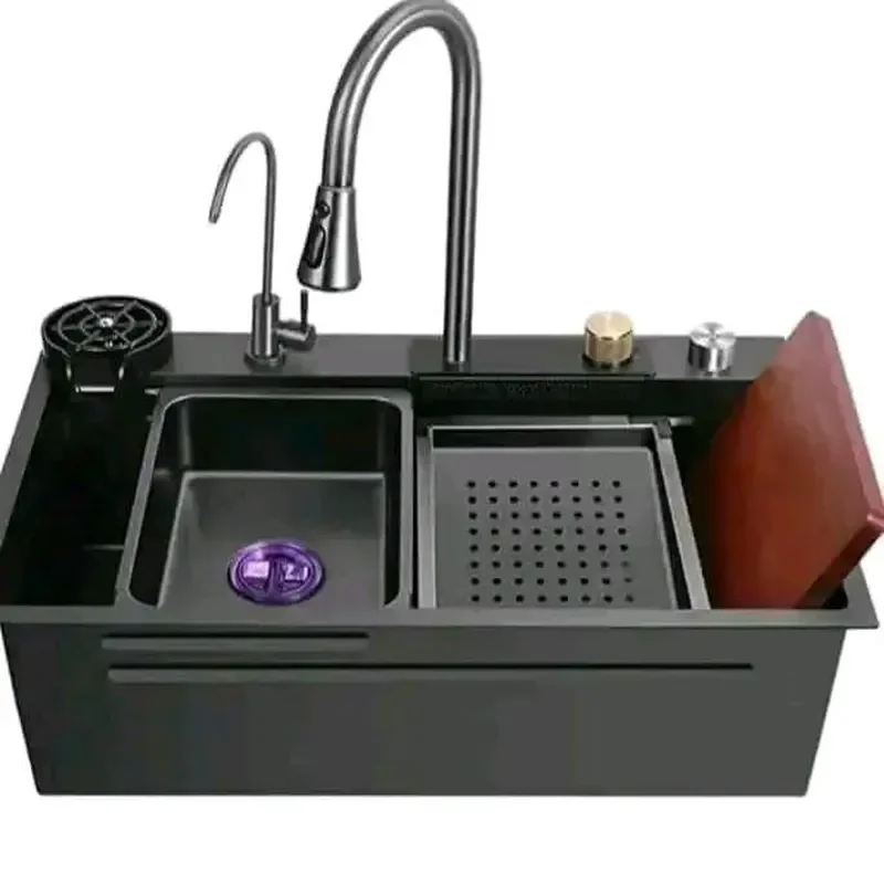 201 Stainless Steel Kitchen Sink Large Single Bowl Integrated Vegetable Basin Multifunctional Waterfall Design with Pump