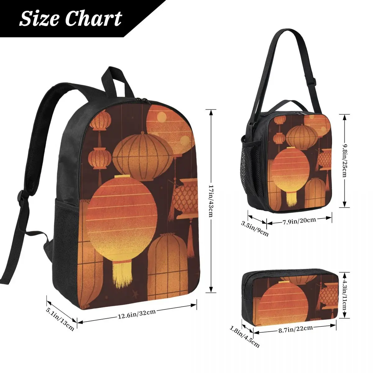 Traditional Chinese Lantern Pattern Backpack Student BookBag School Bag Laptop Shoulder Bags 3ps Insulated Lunch Bag Pencil Case