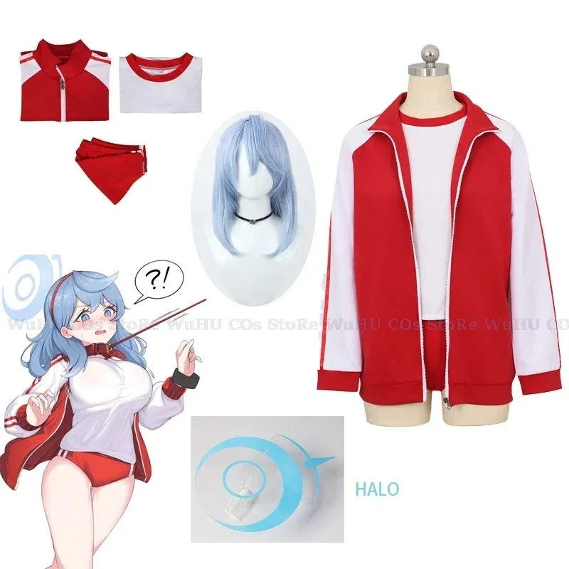 2025 11 لعبة الأزرق الأرشيف Amau الأحمر الصالة الرياضية الزي تأثيري حلي معطف أكو شعر مستعار هالو النساء هالوين حفلة لعب الأدوار Costu