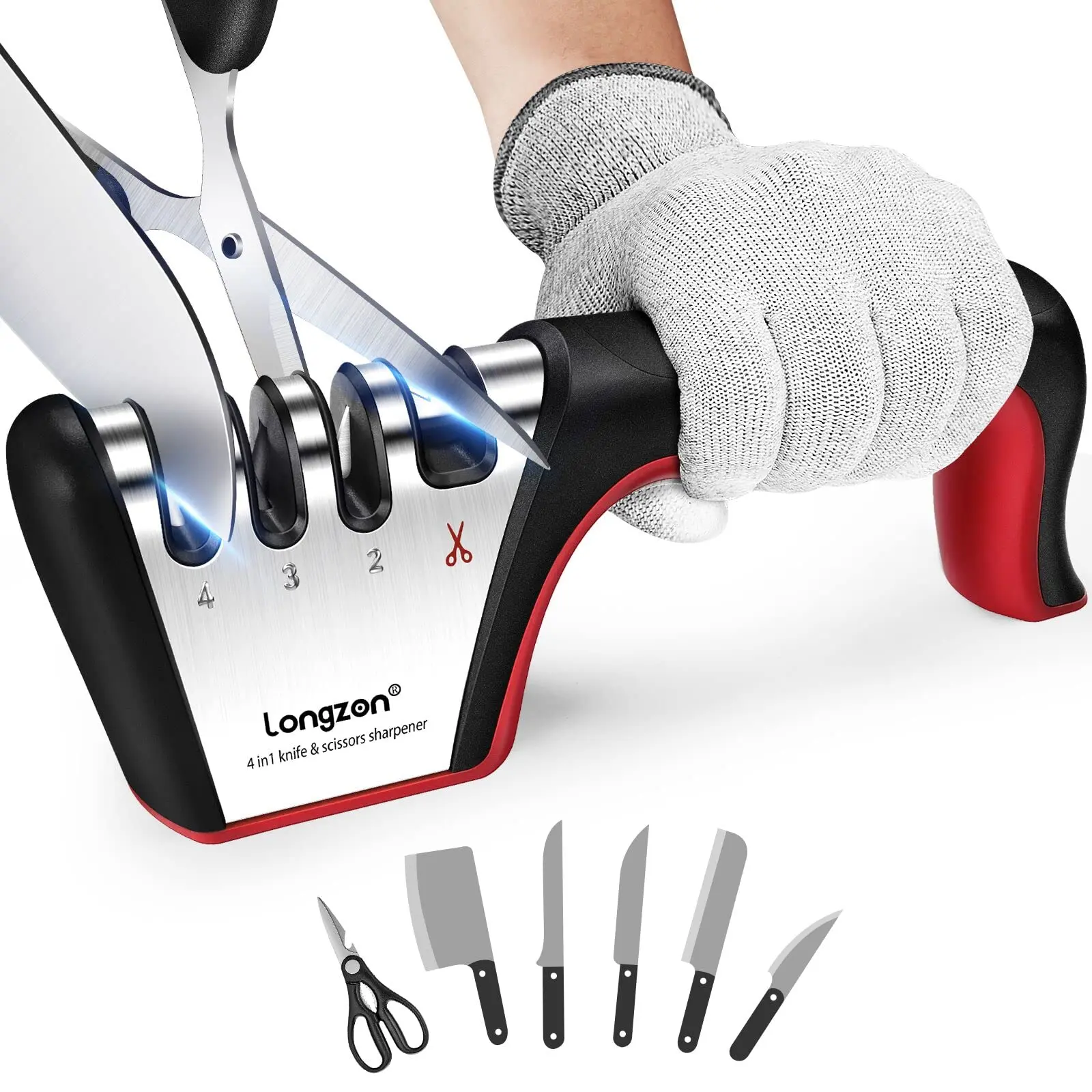 4-in-1 Knife Sharpener, Sturdy Manual Knife Sharpeners for Kitchen Knives, Professional Ergonomic Knife Sharpening Kit with 4 St
