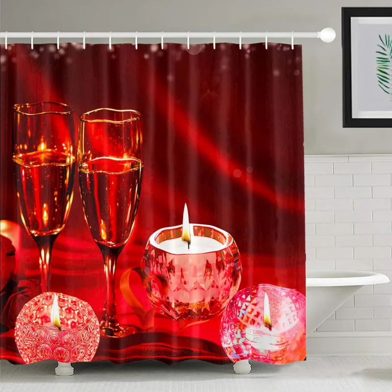 4pcs Red Wine Glass Printed Shower Curtain Set, Waterproof Bathroom Partition Curtain With 12 Hooks, Non-Slip Bath Rug, Toilet U