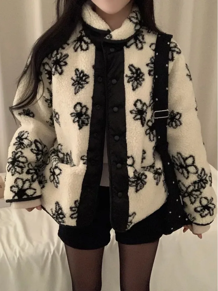 เสื้อโค้ทขนแกะเกาหลีสำหรับผู้หญิง ดีไซน์แฟชั่นลายดอกไม้ สวมใส่ได้สองด้าน ทรงยาว ผ้าเนื้อนุ่ม บางปานกลาง