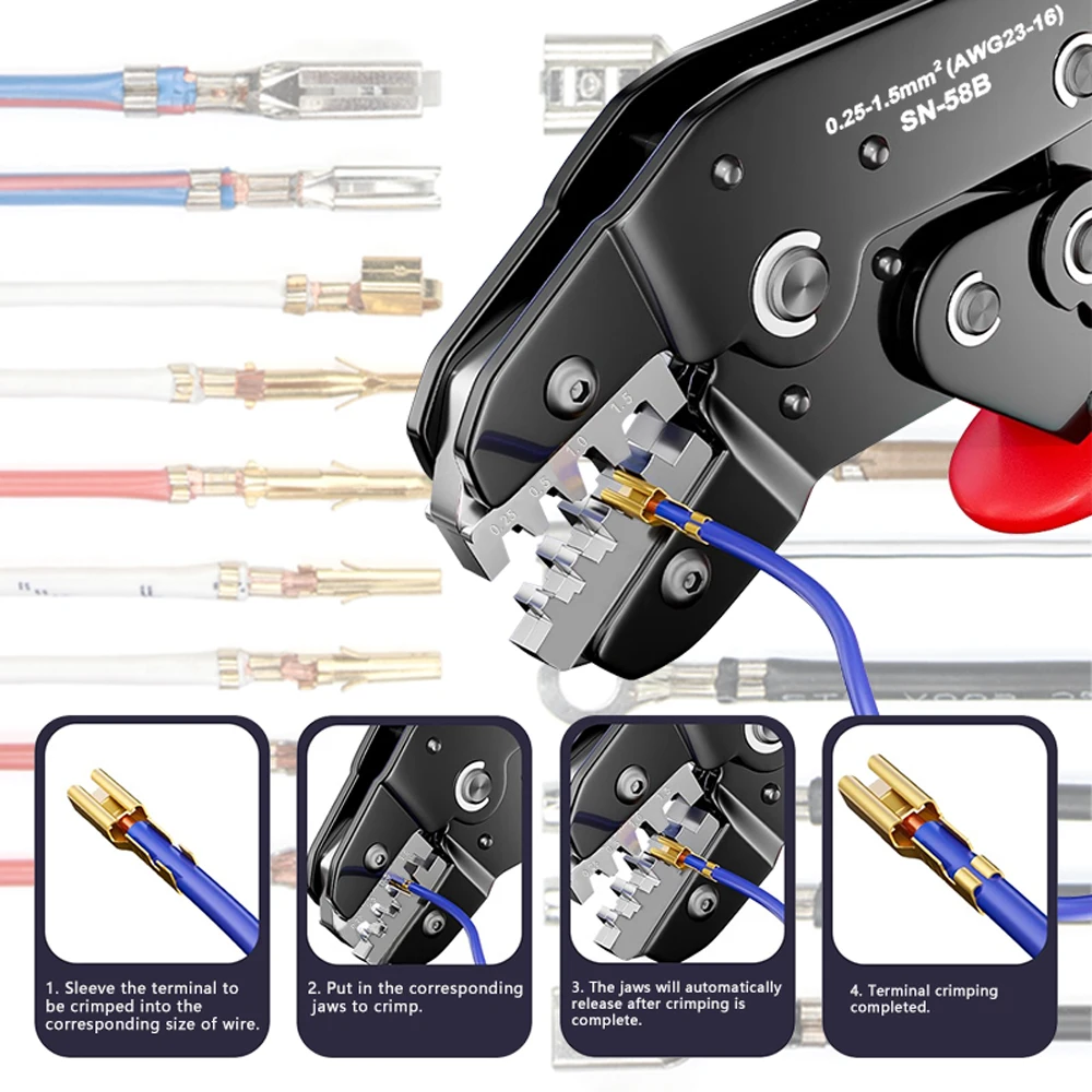 Imagem -03 - Ratchet Crimping Plier Ferramenta Crimper 0.251.5 mm ² Awg24-16for Duponttejstmolex Terminal Fio Alicate Elétrico Sn58b