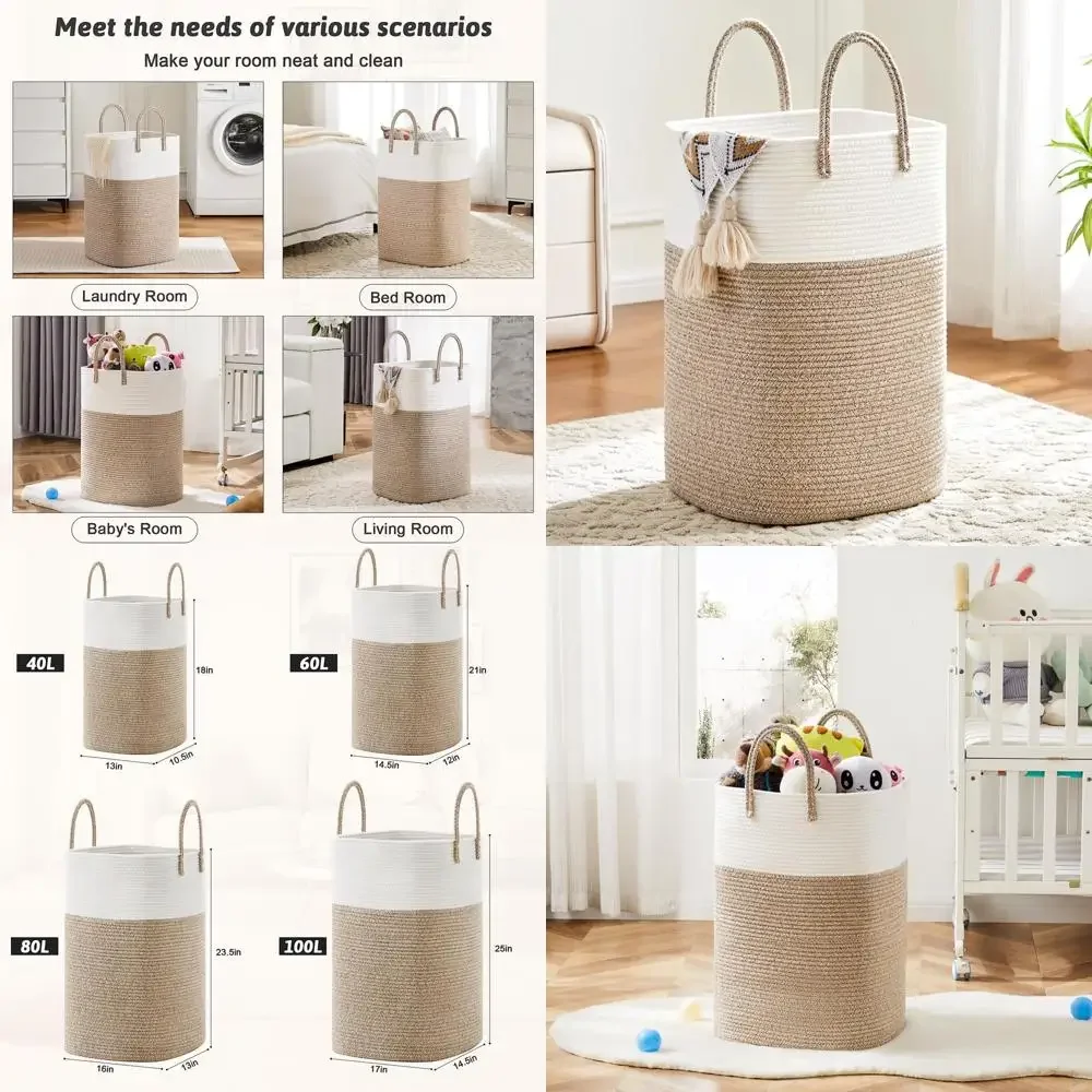 

Корзина для белья, корзина для белья из тканой хлопчатобумажной веревки, универсальное хранилище для грязной одежды, детских игрушек и одеял в ванной комнате, детской комнате,