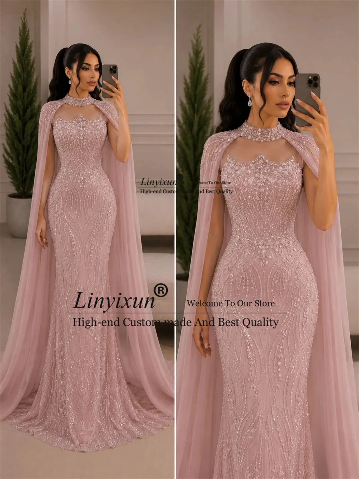 Sparkly Crystal Diamond Prom Dresses With Cape Customized Halter Sleeveless Evening Gown African Dubai Wedding Party Dress