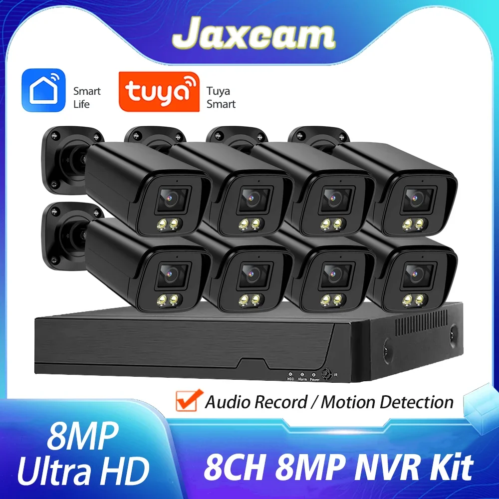 Tuya 8ch 4k poe câmera ip sistema de segurança 8mp nvr kit ao ar livre à prova dwaterproof água áudio cctv câmeras vigilância de seguridad kit