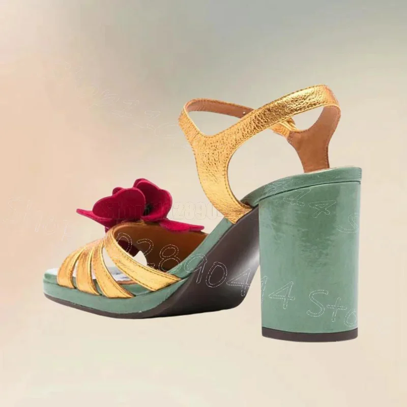

Appliques Design Mixed Color Open Toe Sandals Buckle Strap Women Shoes Chunky High Heels Party Banquet 2025 Zapatos Para Mujere