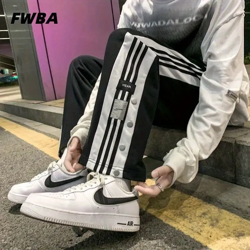 High Street Breasted Pants for Men's Spring and Autumn Fashion Ins Three Bar Striped Sports Pants Oversized Loose Straight Leg