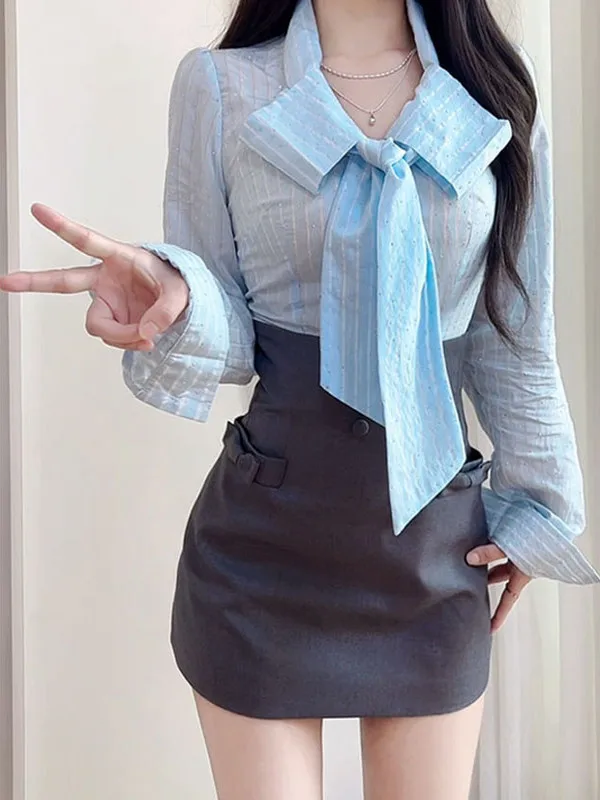 

Spring 2025 Women's Long Sleeve Slim Fit Shirt Knot Sparkling Diamond Design Set High Waist Short Skirt Two Piece Suit