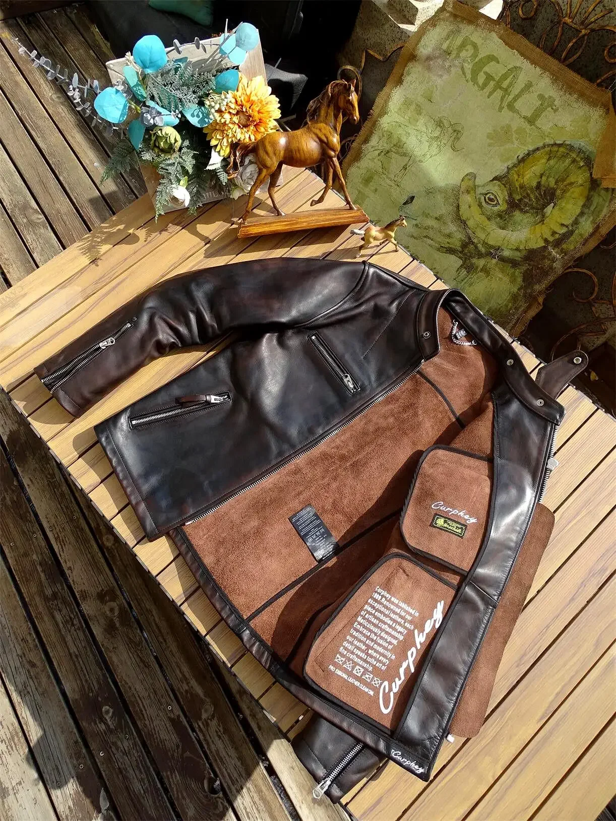 Tailor Brando Italian Full Grain Vegetable Tanned Handaged Tea Core Horsehide Men's J100 Vintage Leather Short Biker Jacket