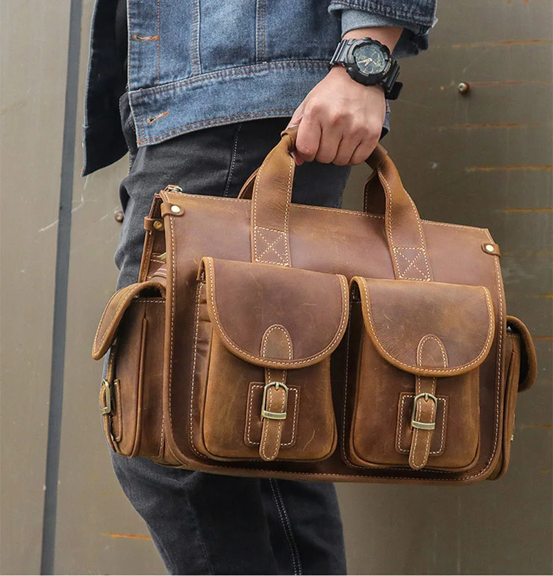 

Vintage Crazy Horse Genuine Leather Men Briefcase 15" Laptop Business Tote Cow Shoulder Messenger Bag Office Handbag Portfolio