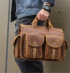 Crazy Horse-maletín Vintage de cuero genuino para hombre, bolso de hombro de vaca para ordenador portátil de 15 